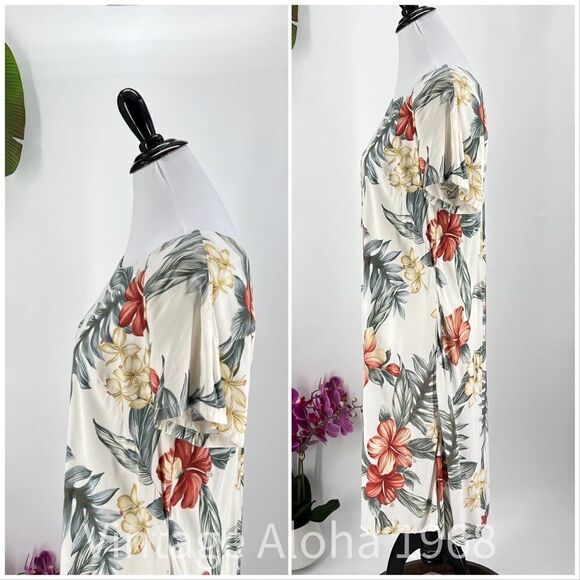 Iolani Hibiscus Orchid White/Green/Yellow Muumuu /Tiki Dress Large - Picture 5 of 6